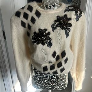 Vintage NWT SHANNAN Cream and Brown with Mink Fur Lambswool Women's Sweater S